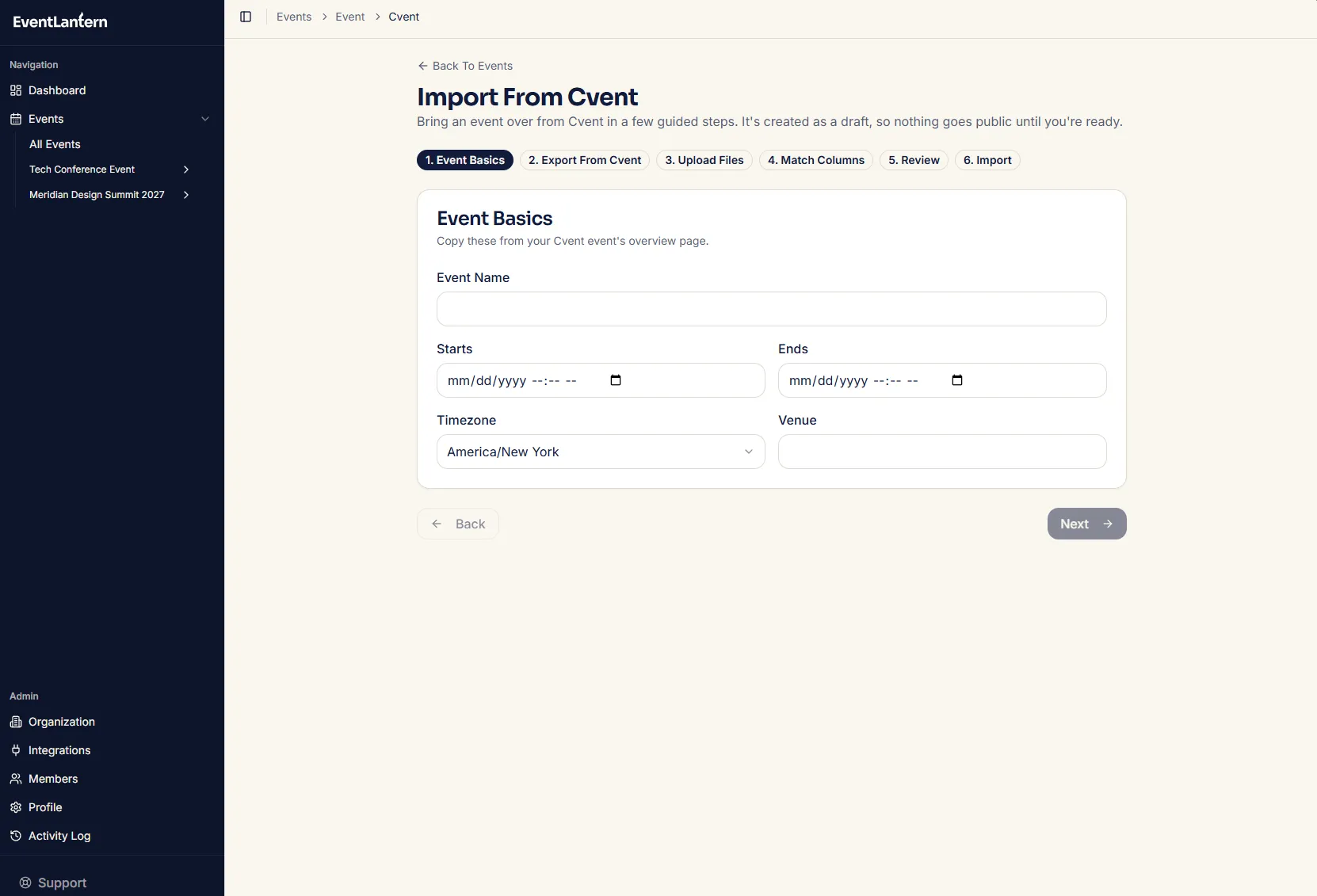 The Import From Cvent wizard in EventLantern, showing the six steps: Event Basics, Export From Cvent, Upload Files, Match Columns, Review, and Import