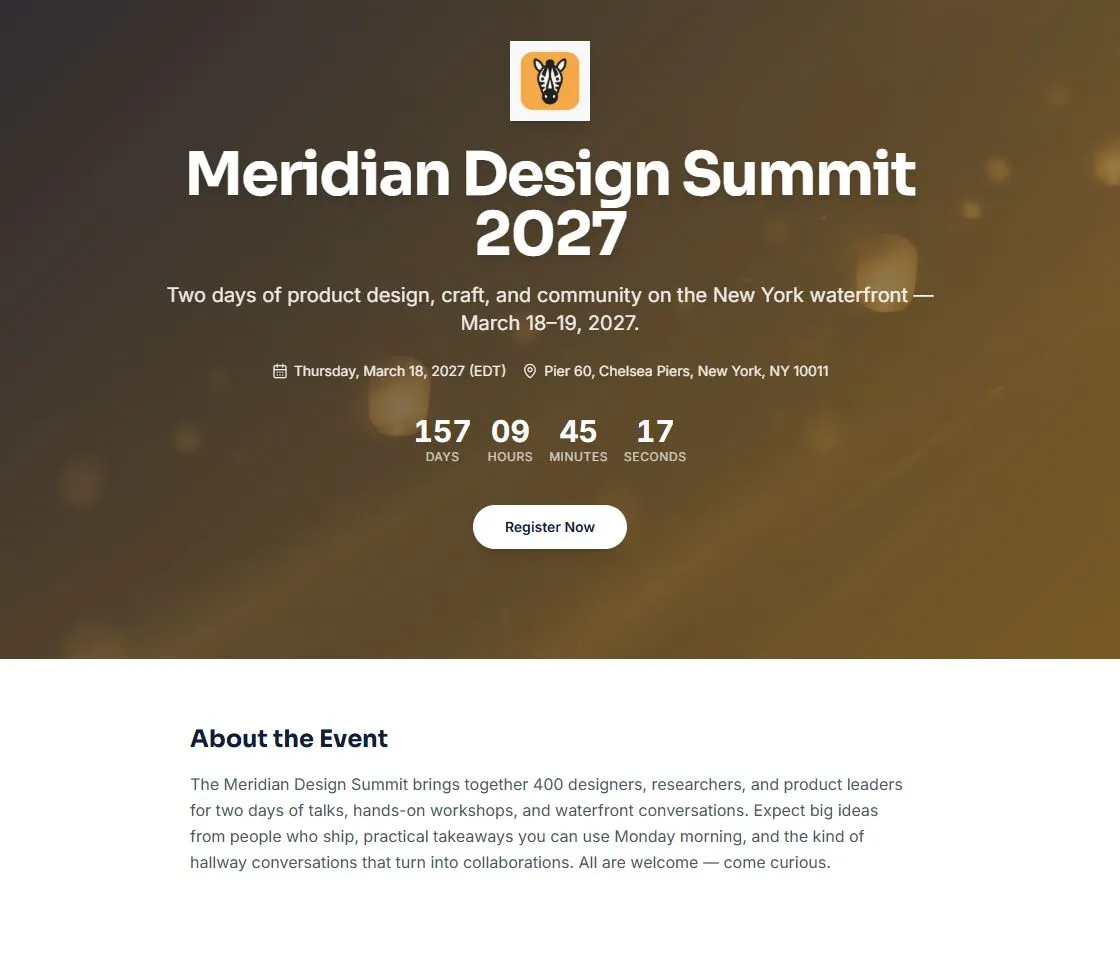 Sample Meridian Design Summit event website with event information, registration, and speaker section