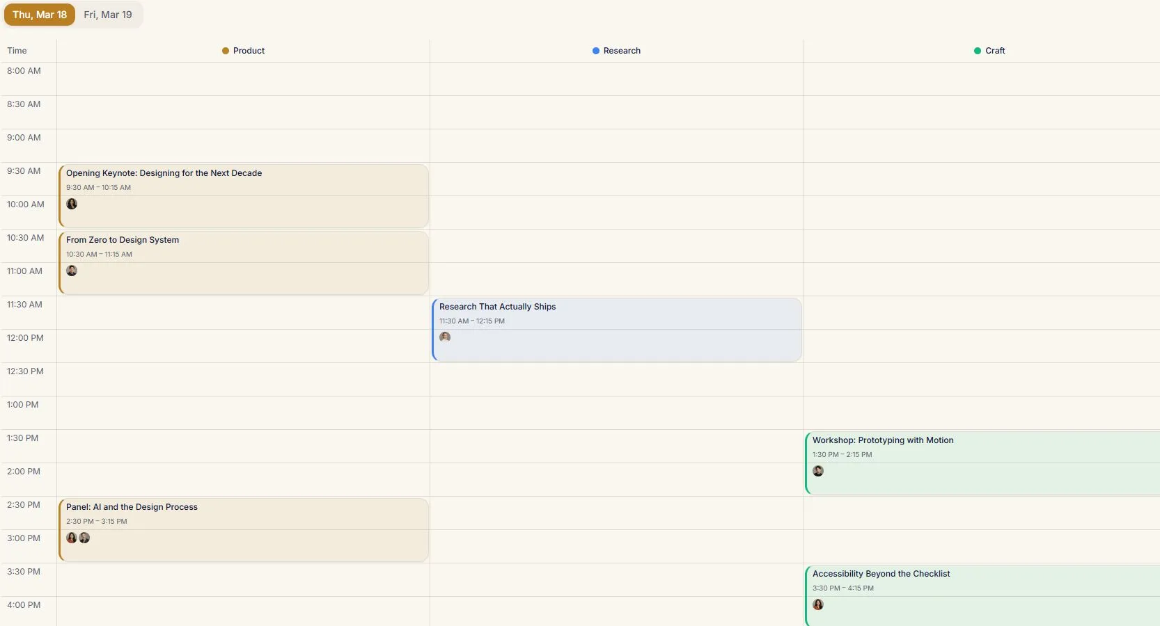 Multi-track schedule for the Meridian Design Summit with sessions arranged by time and track